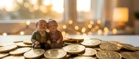 Elderly couple figurines sitting on pile of golden coins with warm bokeh lights background representing retirement savings and financial security.