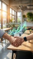 Business handshake with sustainability growth chart overlay in modern office environment representing eco-friendly partnership and green investment success.