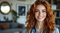 Young redhead woman with curly hair smiling warmly in modern home interior. Professional portrait for lifestyle and wellness content.