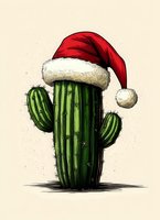 Green saguaro cactus wearing red Santa hat on beige background, festive Christmas desert illustration with detailed spines and furry white trim on holiday cap.
