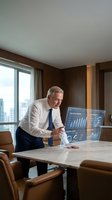 Mature male professional in white shirt and navy tie analyzing digital financial data on transparent holographic display in modern high-rise office conference room.