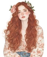 Young woman with flowing red curly hair adorned with pink roses and green leaves, wearing floral blouse and denim. Soft artistic style with delicate features and freckles.