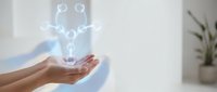 Female hands presenting glowing digital network connection icons in modern minimalist interior space for technology and communication concepts.