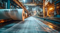Industrial paper mill production line with large white paper roll and manufacturing equipment in motion. Dramatic lighting creates atmospheric factory interior.
