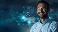 Middle-aged Caucasian businessman with beard smiling confidently against digital interface background with social media icons and glowing technology elements.