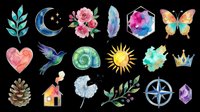 Watercolor clipart set with nature and boho elements isolated on transparent background, ready for stickers, t-shirt design, print on demand, and sublimation projects.