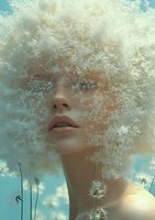 Ethereal feminine portrait with dandelion seeds creating dreamy hair effect against turquoise sky, lips and nose visible through delicate floating wisps. For fantasy art.