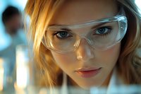 Close-up portrait of a young woman with reddish-blonde hair wearing clear safety glasses in a laboratory or industrial setting, suitable for science, technology, and professional workplace concepts.