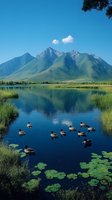 Tranquil mountain lake with ducks swimming among lily pads, green peaks reflecting in calm blue water, surrounded by marsh grass and summer vegetation.