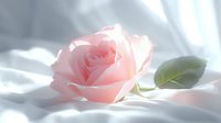 Delicate pink rose with soft petals lying on white silk fabric, creating ethereal romantic mood with gentle shadows and dreamy light effects.