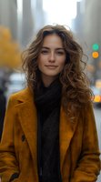 Young Caucasian woman with wavy brown hair wearing mustard yellow coat and black scarf smiling at camera on blurred urban street background with bokeh lights.