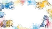 Watercolor cats frame with playful kittens in soft pastel colors creating decorative border on white background for pet-themed designs and greeting cards.