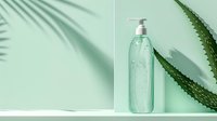 Clear cosmetic bottle with pump dispenser on mint green background with aloe vera leaf and palm shadow, minimalist skincare product photography setup.