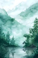 Misty mountain lake landscape in green watercolor style with pine forest silhouettes and reflections on calm water surface, creating serene atmospheric scene.