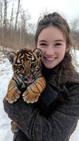 Young Asian woman in winter coat holding adorable tiger cub outdoors in snowy setting, showcasing wildlife conservation and animal care with genuine smile and connection.