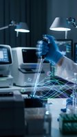 Medical researcher in blue gloves using pipette with digital data visualization overlay in modern laboratory for scientific analysis and biotechnology research.
