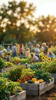 Community garden with diverse group harvesting fresh vegetables in raised beds during golden hour sunset, promoting sustainable agriculture and outdoor wellness.