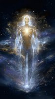 Glowing ethereal figure rising in cosmic space with luminous energy radiating from heart center against starry galaxy background, spiritual awakening concept.