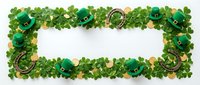 St. Patrick's Day decorative frame made with green clover leaves, gold coins, and leprechaun hats arranged on white background for holiday celebrations.