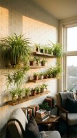 Cozy living room corner with floating wooden shelves displaying spider plants and succulents against white brick wall near large window with natural light.