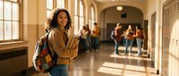 Young African American female student with curly hair holding books in university hallway with backpack, warm sunlight streaming through windows.