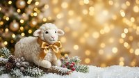 Cute white lamb figurine wearing golden bow on snowy surface with evergreen branches and festive bokeh lights, perfect for holiday and seasonal greeting card designs.