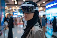 Woman wearing hijab and futuristic augmented reality headset in modern tech environment with blurred crowd and blue lighting.