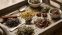 Assorted loose leaf tea varieties and aromatic spices arranged on rustic wooden tray with bowls and spoons for culinary and beverage preparation.