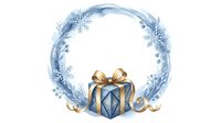 Frosted winter wreath with blue and gold gift box, festive holiday decoration for seasonal greeting cards, invitations, and celebration designs.