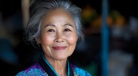 Senior Asian woman with gray hair smiling warmly in colorful traditional clothing, representing wisdom, experience and cultural heritage for lifestyle content.
