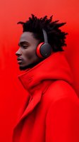 Young African American man in red hoodie wearing wireless headphones against vibrant red background, profile view showing natural dreadlocks hairstyle.