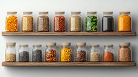Glass jars filled with colorful grains, legumes, seeds and spices arranged on wooden shelves against white wall, organized pantry storage solution.
