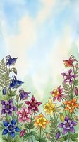 Watercolor columbine flowers in vibrant purple, pink, yellow and orange bloom along soft pastel sky background with copy space for text.