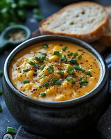 Creamy pumpkin soup with herbs and spices served in rustic bowl with fresh bread, perfect for autumn comfort food and seasonal dining.