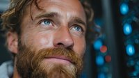 Handsome bearded Caucasian man with blue eyes looking up thoughtfully against blurred city lights background at night for lifestyle and portrait concepts.