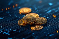Golden cryptocurrency coins on circuit board with glowing blue digital elements and orange light effects. Modern financial technology concept.