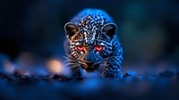 Mystical leopard with glowing red eyes prowls in dark blue atmospheric night setting, creating dramatic wildlife fantasy art composition for creative projects.