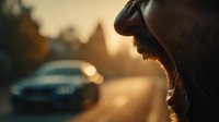 Young woman with sunglasses enjoying golden hour sunset light while car approaches on blurred road background creating warm atmospheric mood.