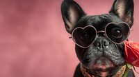 French bulldog wearing heart-shaped sunglasses and red bow tie on pink background for Valentine's Day celebration and romantic pet photography.