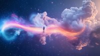 Silhouette of person walking on cosmic light path through starry night sky with ethereal clouds and colorful nebula swirls creating surreal dreamscape atmosphere.
