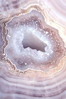 Sparkling geode crystal in soft pink and gray tones with natural agate bands and crystalline formations, macro photography showing intricate mineral details.