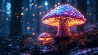 Glowing magical mushrooms in enchanted forest at night with luminescent spots and bokeh lights creating mystical atmosphere in dark woods setting.