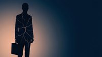 Silhouette of a male professional in business suit holding briefcase with glowing network lines overlay, representing connectivity and digital transformation for corporate concepts.