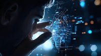 Human hand interacting with glowing digital face projection amid network connections and data points, showcasing artificial intelligence and futuristic technology interface.