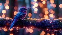 Magical hummingbird perched on sparkling branch with warm bokeh lights creating dreamy nighttime atmosphere for nature and wildlife photography projects.