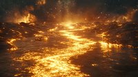 Dramatic molten lava flow with glowing magma and rising sparks against dark volcanic landscape, creating intense natural light effects in night atmosphere.