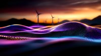 Abstract digital wave visualization with neon purple and blue light trails flowing over dark landscape, wind turbines silhouetted against dramatic sunset sky.