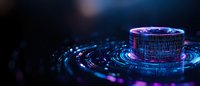 Futuristic digital cylinder with binary code and glowing blue purple rings on dark background, technology concept visualization for cybersecurity and data processing.