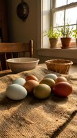 Colorful farm fresh eggs arranged on rustic burlap cloth in cozy kitchen setting with natural sunlight streaming through window and potted herbs on windowsill.