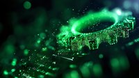 Glowing green circuit board with digital wave effect and bokeh lights, macro photography showing technology infrastructure and electronic components.